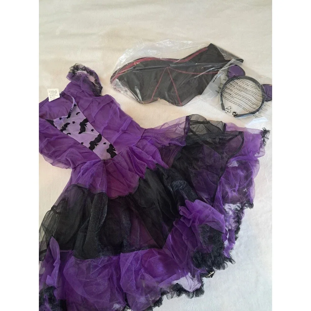 NEW Purple Bat Girl Size L Halloween Costume Dress Wings Headpiece Party